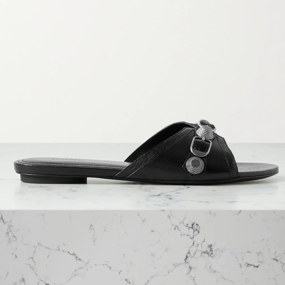 BALENCIAGA Cagole Studded Buckled Arena Leather Flat Slides Mules Sandals - Picture 2 of 16